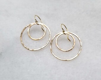 Double Circle Earrings (Large) - Simple Gold Circle Earrings - Everyday Earrings - Hammered Gold Circle Earrings - Understated Earrings