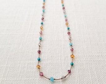 Multi-Gemstone Colorful Hand Knotted Necklace, Labradorite, Citrine, Turquoise, Tourmaline, Garnet, Amazonite