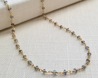 Dainty Gray Green Sapphire Necklace, Delicate Wire Wrapped Layering Necklace