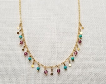 Turquoise and Garnet Sequin Fringe Necklace