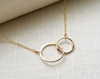 Double Linked Circle Necklace, Two Circles Necklace in 14k Gold Filled or Sterling Silver