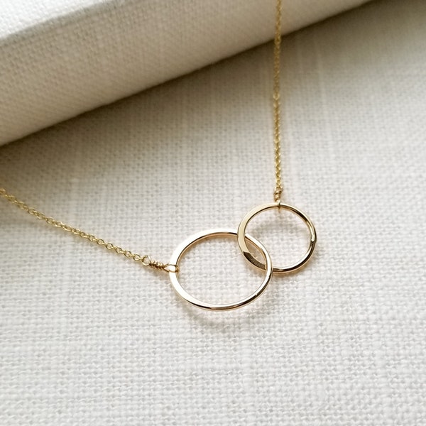 Double Linked Circle Necklace, Two Circles Necklace in 14k Gold Filled or Sterling Silver