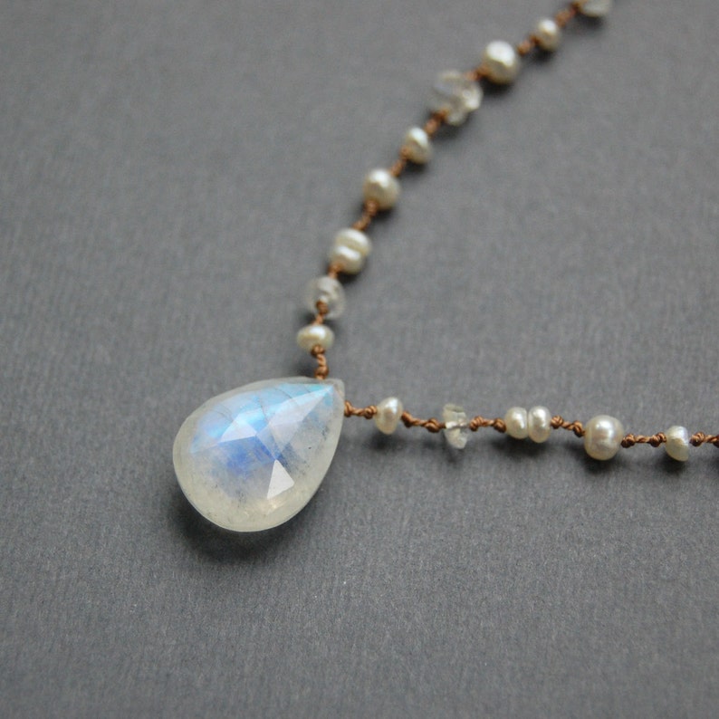 Rainbow Moonstone and Pearl Hand Knotted Necklace, Tin Cup, Delicate Gemstone Necklace image 6