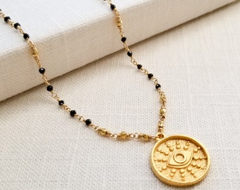 Black Spinel Evil Eye Necklace, Dainty Layering Necklace