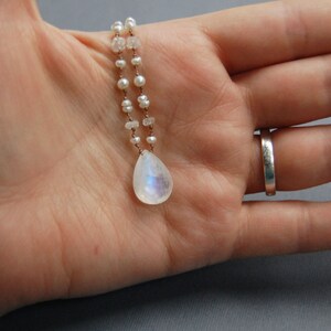 Rainbow Moonstone and Pearl Hand Knotted Necklace, Tin Cup, Delicate Gemstone Necklace image 4