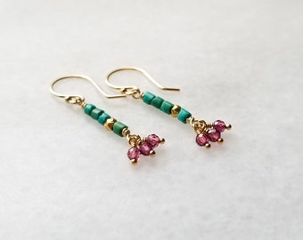 Dainty Turquoise and Garnet Dangle Column Earrings