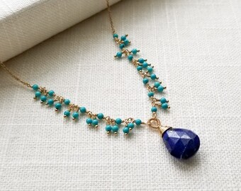 Lapis Lazuli Tropfen mit Türkis Fransen Halskette