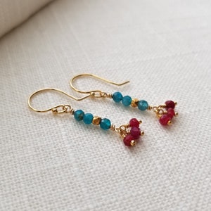 Dainty Apatite and Ruby Dangle Earrings image 1