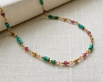 Turquoise and Rhodolite Garnet Dainty Wire Wrapped Necklace