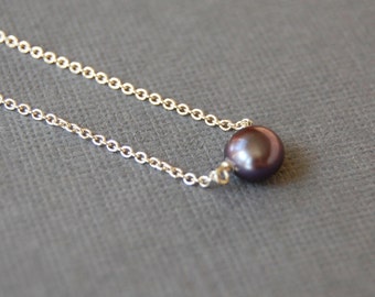 Dark Grey Pearl Solitaire Necklace, Your Choice of Sterling or Gold Fill, Delicate Layering Necklace