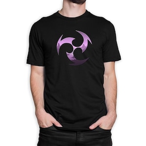 May include: A black t-shirt with a purple and white stylized ninja star graphic.