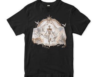 May include: Black t-shirt with a detailed illustration of a figure in white, surrounded by doves and ornate golden accents. The design has a celestial theme, with a sunburst and stars.