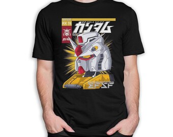 Op de afbeelding: Zwart T-shirt met een afbeelding van een witte en gele robot met de tekst "RX 78 GUNDAM" in Japanse karakters. De robot is omgeven door een geel explosie-effect. De tekst "EARTH FEDERATION SPACE FORCES" staat onder de robot.