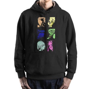 May include: Black hooded sweatshirt featuring a colorful anime-style graphic of six faces. The faces are in various colors, including yellow, blue, green, and pink. The sweatshirt has a front pocket and a drawstring hood.