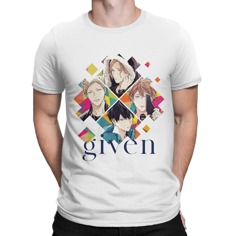 May include: White t-shirt with a colorful graphic of four anime characters from the show "Given". The characters are arranged in a diamond shape with the word "given" printed below.