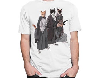Camiseta de anime con gatos samuráis, tallas para hombre y mujer