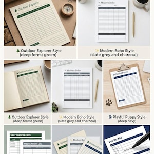 May include: A multi-theme pet tracker bundle featuring printable sheets in three styles: Outdoor Explorer in deep forest green, Modern Boho in slate grey and charcoal, and Playful Puppy in deep navy. Includes vaccination grids and medication logs.