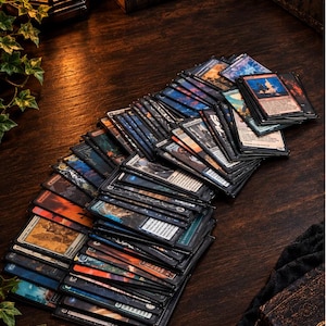 May include: A large, fanned-out collection of rectangular trading cards with diverse, colorful fantasy illustrations and black borders. The cards are arranged in a cascading stack on a dark wooden surface, displaying various text and symbols.