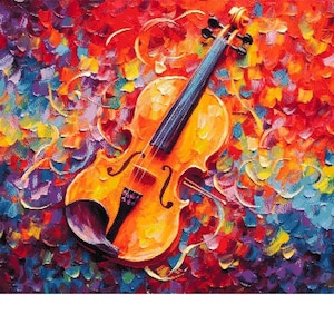 Puede incluir: Una pintura abstracta vibrante de un violín con un cuerpo naranja brillante y un cuello marrón oscuro. El violín está rodeado de remolinos coloridos y salpicaduras de pintura.