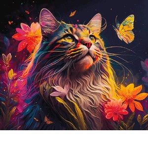 Pattern &quot;Long Haired Cat in Flowers&quot; Full-coverage, cross stitch pattern, 85 colors, over 100,000 stitches! PATTERN ONLY