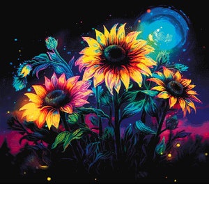 Pattern &quot;Moon Sunflowers&quot; Full-coverage, cross stitch pattern, 89 colors, over 100,000 stitches! PATTERN ONLY
