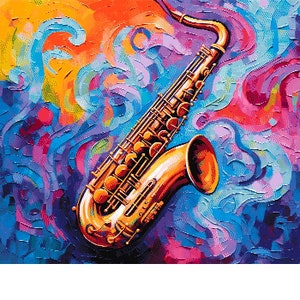 May include: A gold saxophone with a silver mouthpiece against a colorful abstract background of blue, purple, pink, orange, and yellow swirls.