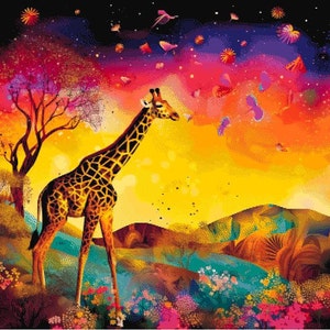 Puede incluir: Una pintura vibrante y colorida de una jirafa en un paisaje de sabana. La jirafa tiene un pelaje estampado y se alza contra un cielo de puesta de sol lleno de mariposas y pájaros. La obra de arte presenta un árbol y flores coloridas.