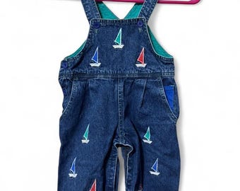 Vintage 90s Lyka Bear Embroidered AOP Sailboat Overalls Size 24 months.