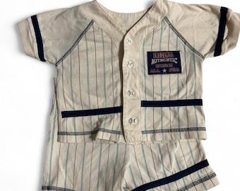 Vintage 80’s Kids N Fun white + blue pinstripe baseball jersey and shorts set