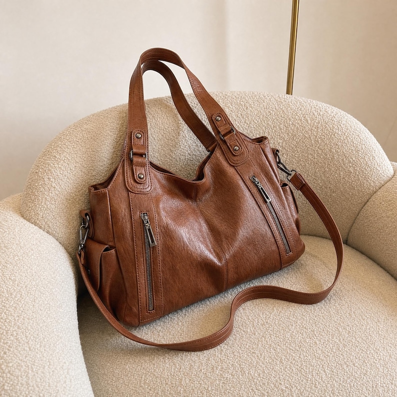 May include: A brown handbag with a smooth texture, featuring two top handles and a detachable shoulder strap. The bag includes two vertical zippered pockets on the front, side pockets, and silver-toned metal hardware accents on the strap attachments.