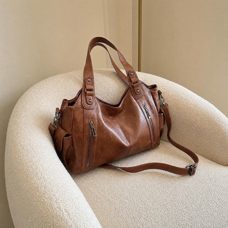 May include: A medium-sized brown handbag with a smooth finish, featuring two top handles and a detachable shoulder strap. The bag includes two vertical zippered pockets on the front, side pockets, and silver-toned metal hardware accents.