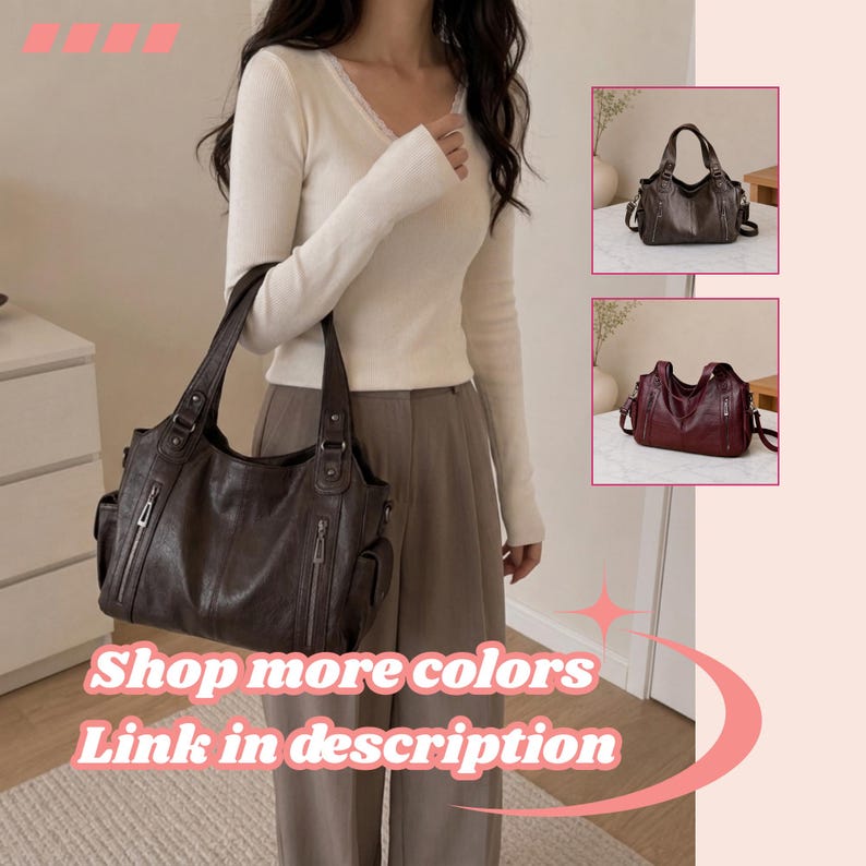 May include: A dark brown leather-look shoulder bag featuring two vertical zippered pockets on the front, side pockets, and sturdy handles. The image includes two smaller inset photos showing the same bag in dark brown and deep red color options.