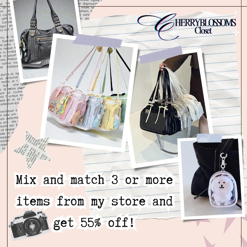 May include: A collage of handbags including black shoulder bags, pastel-colored crossbody bags with clear front pockets containing small plush toys, and a black tote bag with a small clear pouch attached featuring a white plush character inside.