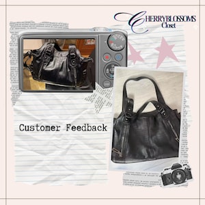 May include: A black handbag with two shoulder straps, silver-toned hardware, and two vertical zippered pockets on the front. The image includes the text CherryBlossoms Closet and Customer Feedback, along with graphics of a digital camera.