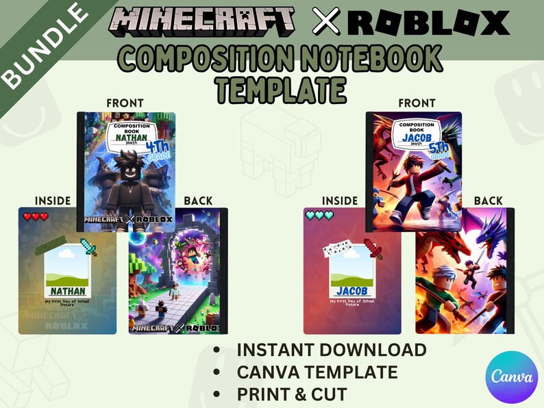 Minecraft Roblox Crossover Composition Notebook Template, Roblox Boys ...
