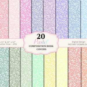 May include: A digital design featuring 20 pastel composition book covers. The covers are in various colors, including pink, blue, green, and yellow, with a speckled pattern. The image includes the text "20 Pastel Composition Book Covers" and "U.S. Letter Size - JPG".
