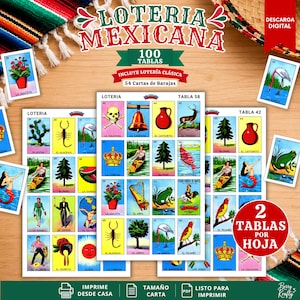 Puede incluir: Un set digital de juego Loteria Mexicana con 100 tablas y 54 cartas. Las tablas muestran ilustraciones coloridas de iconos tradicionales como una calavera, campana, árbol y rana, con etiquetas de texto en español. Incluye diseño de 2 por hoja.