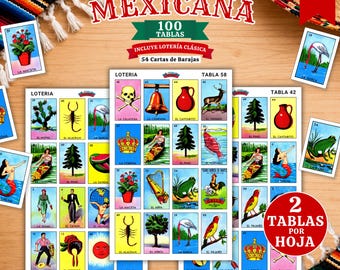Puede incluir: Un set digital de juego Loteria Mexicana con 100 tablas y 54 cartas. Las tablas muestran ilustraciones coloridas de iconos tradicionales como una calavera, campana, árbol y rana, con etiquetas de texto en español. Incluye diseño de 2 por hoja.