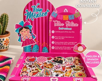 May include: A pink cardboard display stand labeled Tattoo Station with Viva Mexico branding. It features instructions for applying temporary tattoos and contains a collection of colorful stickers depicting Mexican cultural icons and food items.