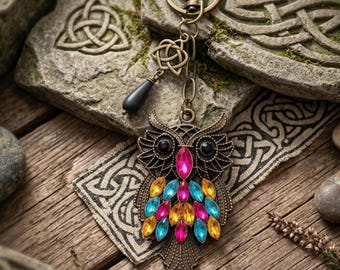 Rhinestone Owl Celtic Knot Keyring with Kilkenny Marble Bead. Brass Tassel. Irish Charm.