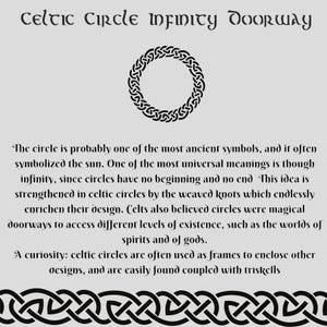 An informational graphic featuring a black Celtic circle knot at the top, explanatory text in the middle, and a repeating knot border at the bottom.
