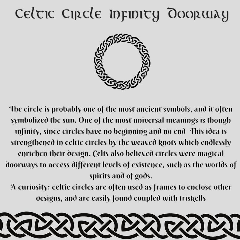 An informational graphic featuring a black Celtic circle knot at the top, explanatory text in the middle, and a repeating knot border at the bottom.