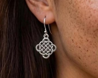 Celtic Shield Knot Earrings. Irish Jewelry Silver Dangle. Book of Kells Design.