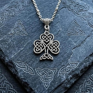 Celtic Knot Shamrock Pendant. Irish Earrings Inspired by the Book of Kells. Silver Plated.