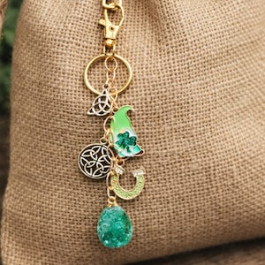 Irish Purse Charm Tassel Gold Key chain. Leprechaun, Horseshoe, Druzy, Trinity and Shield Charms.