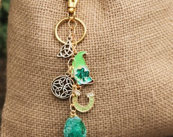 Irish Purse Charm, Gold Filled Celtic Knots and Green Druzy Pendant