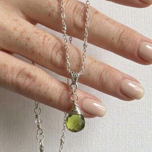 Olivine Swarovski Teardrop Pendant on Celtic Knot Bail.  Silver Plate Wire Wrapped Minimalist Necklace on Satellite Chain.