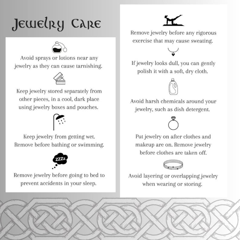 A black and white illustration with tips for jewelry care. The illustration includes icons of a person exercising, a necklace, a bottle of cleaning solution, a ring, a shower head, a sleeping person, and a bracelet. The text includes phrases like "Avoid sprays or lotions", "Keep jewelry stored separately", "Remove jewelry before bathing", "Avoid harsh chemicals", "Put jewelry on after clothes", and "Avoid layering or overlapping jewelry".