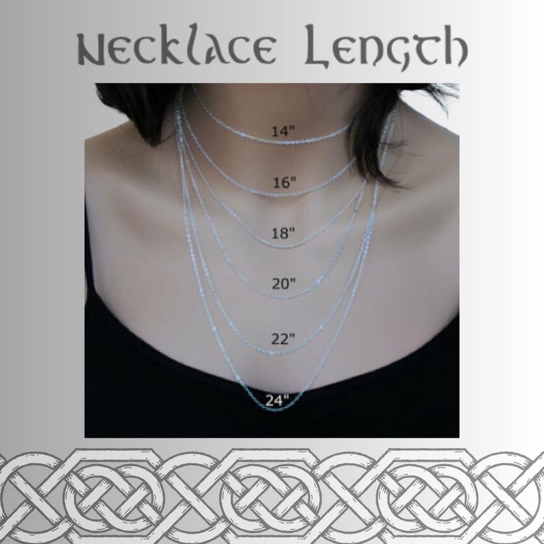 A model wearing a black shirt with a silver necklace. The necklace is shown in different lengths, from 14 inches to 24 inches. The image shows the different lengths of necklaces available.