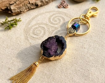 Celtic Knot Tassel Key chain: Gold Plated Druzy Irish Charm.